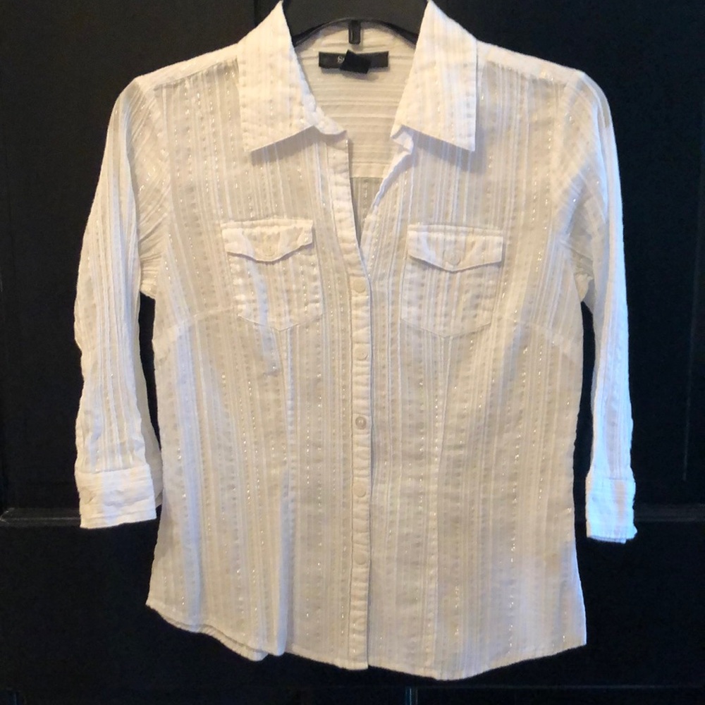 Fitted white button down shirt with metallic pinstripe, Size 6, Style & Co.